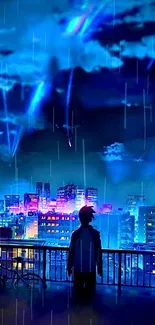 Silhouette overlooking a vibrant, blue-lit cityscape at night.