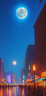 Vibrant city night wallpaper with neon lights and moon.