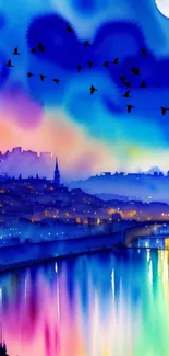 Colorful night cityscape wallpaper with vibrant skyline and reflections.