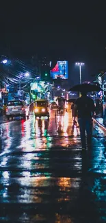 Rainy city street with neon lights reflecting at night.