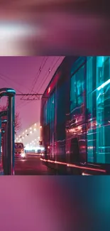 A vibrant urban night scene with neon lights and a moving bus.