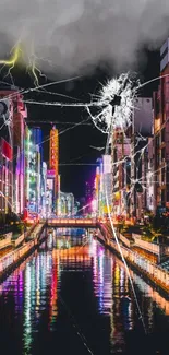 Neon-lit cityscape under a stormy sky with lightning reflecting on water.