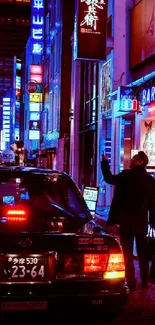 Vibrant cityscape glowing with neon lights at night.