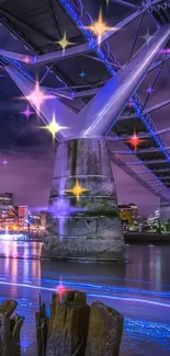 Vibrant cityscape at night with illuminated bridge and purple sky.