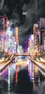 Colorful cityscape at night with reflections on a canal.