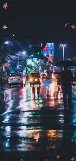 Vibrant city at night with lights and rainy reflections on the street.