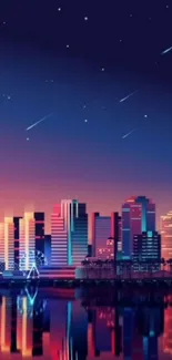 Vibrant cityscape at night with stars and reflections.