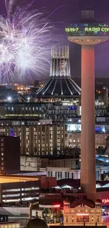 Vibrant cityscape at night with fireworks illuminating the skyline.