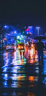 Vibrant night cityscape with rainy reflections.