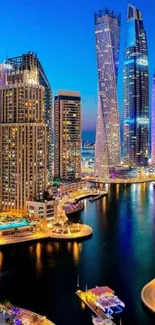 Dubai Marina night skyline with vibrant city lights and skyscrapers.