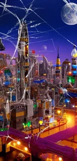 Vibrant futuristic cityscape under a moonlit sky with colorful lights.