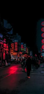 Neon-lit city street at night, vibrant urban scene.