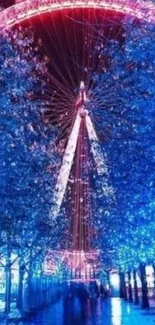 Dazzling blue-lit Ferris wheel at night with pink hues in the background.