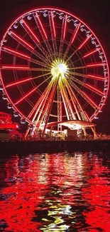 Neon-lit Ferris wheel reflecting on water at night.