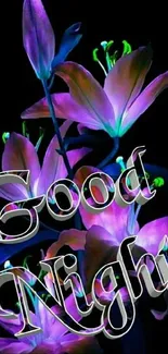 Vibrant purple flowers with 'Good Night' text on a black background.