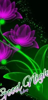 Luminous purple flowers on a glowing green background with 'Good Night' text.