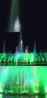 Vibrant fountain display with colorful lights at night.