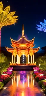 Vibrant garden at night with illuminated pagoda and plants.