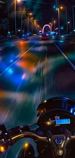 Vibrant night highway ride with glowing city lights.