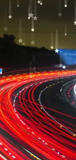 Vibrant night highway with red light trails and starry sky.