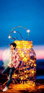 Vibrant jar with fairy lights against a blue night sky.