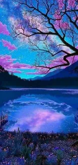 Vibrant night lake scene with starry sky and lush flora in serene landscape.