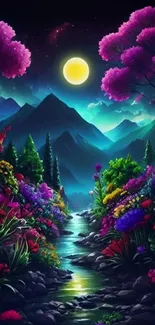 Vibrant night landscape with moon and colorful nature.