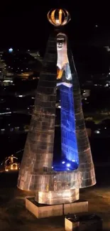 Illuminated monument against city lights at night.