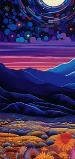 Vibrant night mountain landscape with colorful sky and wildflowers.