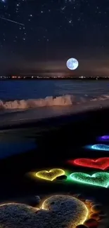 Moonlit beach with glowing hearts and stars over the ocean.