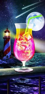 Vibrant drink with lighthouse under a starry night sky.