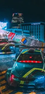 Neon-lit night racing scene with urban backdrop.