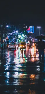 Vibrant rain-soaked city street at night with glowing lights.