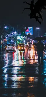 Night urban scene with vibrant rain reflections and silhouette.