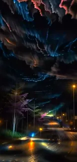 Vibrant night sky with colorful clouds and glowing street lights in urban setting.