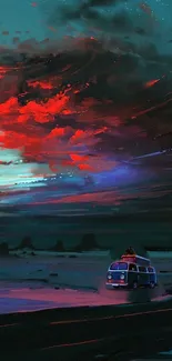 Colorful night sky with a van driving under vibrant clouds.