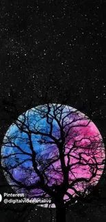 Silhouetted tree against colorful starry night sky wallpaper.