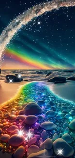 Mesmerizing night sky with rainbow path on a serene beach.