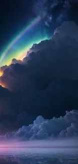 Dark clouds and vibrant aurora display in night sky.