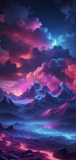 Vibrant night sky over colorful mountain range with glowing clouds.