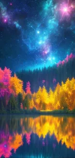 Vibrant night sky with colorful trees reflecting in a tranquil lake.