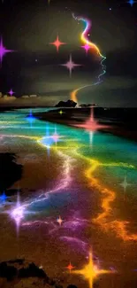 Colorful rainbow reflection on a beach under a night sky.