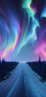 Vibrant aurora over a quiet road at night, creating a magical, colorful display.