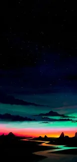 Vibrant night sky with glowing horizon and silhouetted mountains.