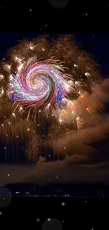 Fireworks swirl in night sky with crescent moon.