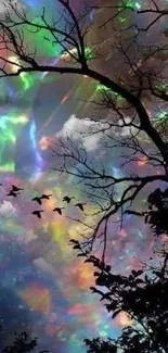 Colorful night sky with tree silhouettes and flying birds.