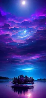 Vibrant purple night sky over a serene lake island.