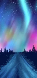 Mobile wallpaper of a vibrant aurora night sky with colorful lights.