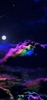 Colorful night sky with moon and vibrant clouds.