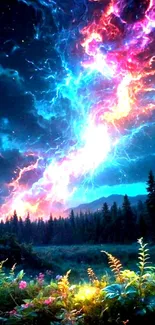 Vibrant night sky with colorful lightning and lush forest.